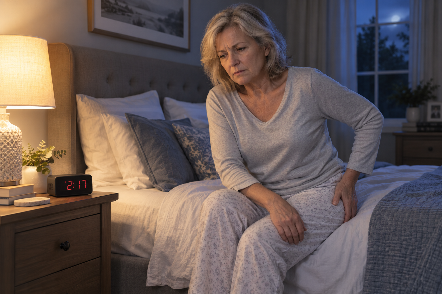 Woman awake at 2:17 a.m. holding the painful outside of her hip