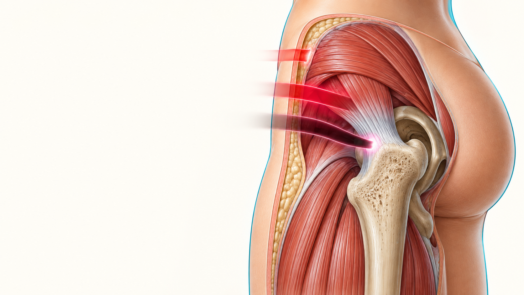 Outer-hip cross-section showing three therapeutic wavelengths reaching different tissue depths