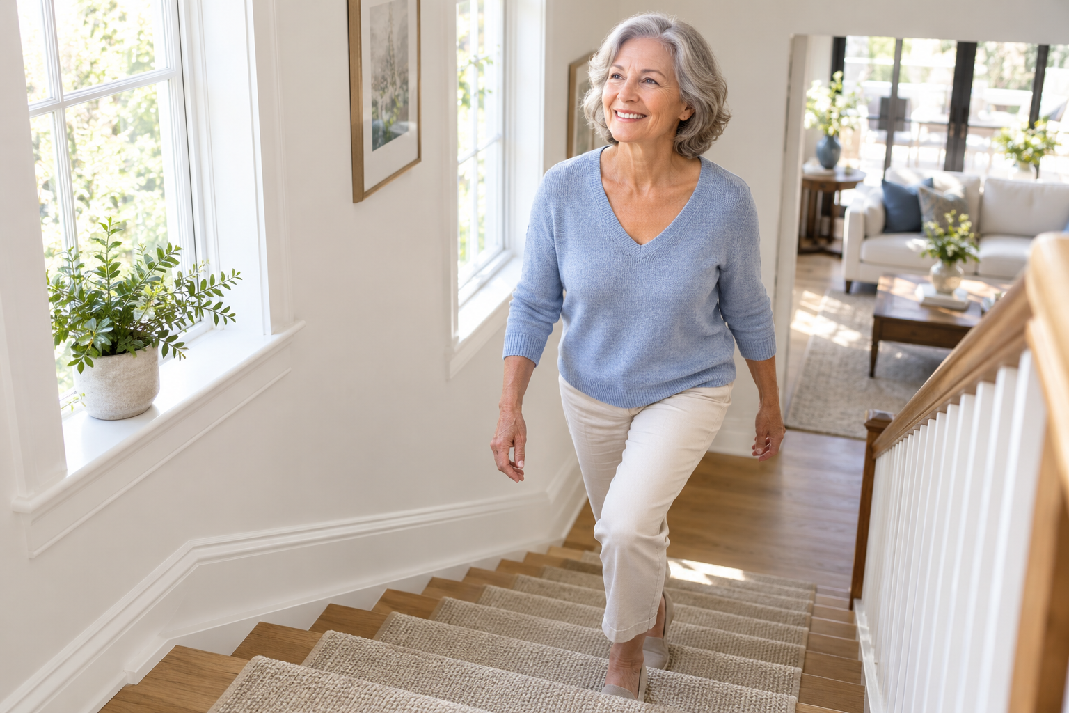 Woman in her 60s walking confidently up a staircase
