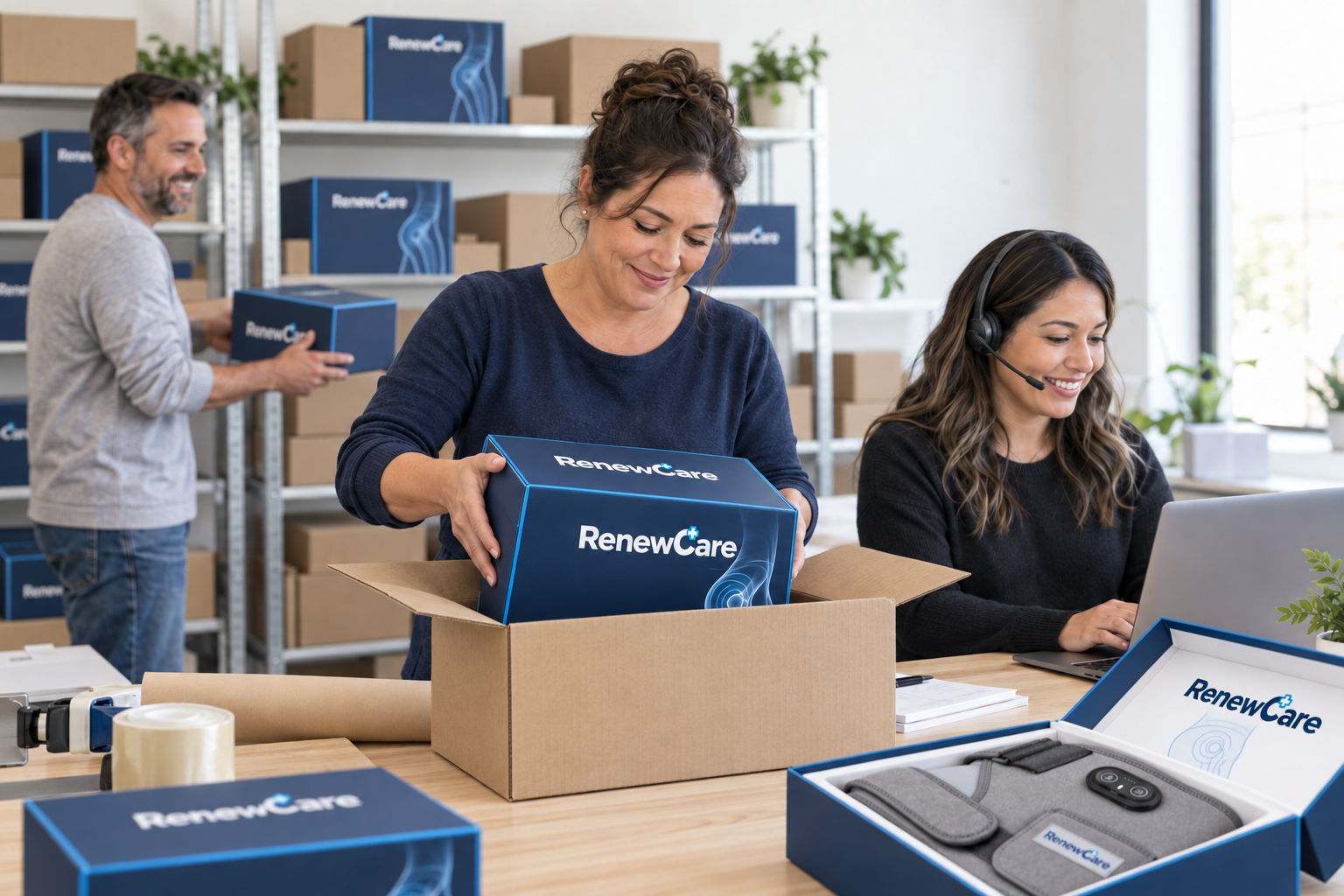Friendly U.S.-based RenewCare customer-support team preparing orders
