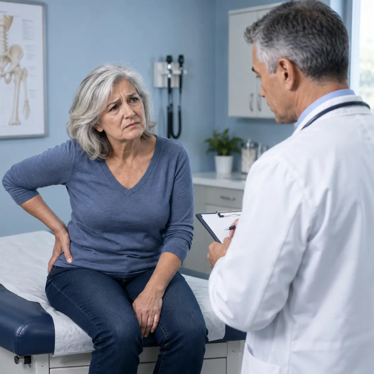 A woman explaining her outer-hip pain to a doctor